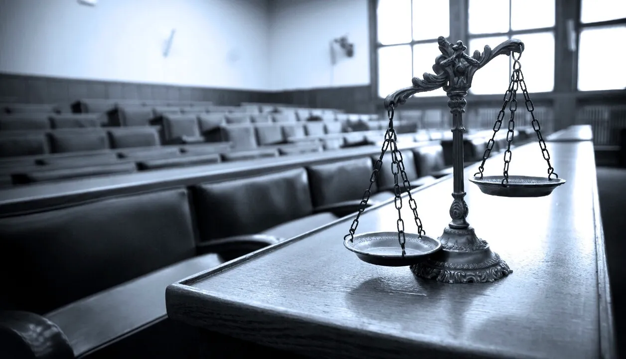 A black and white photograph of an scale of justice resting on a wooden table or bench.
