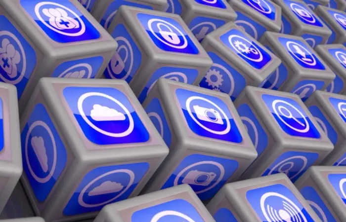cubes with icons inside, apps concept