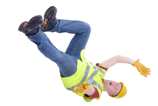 A construction worker in a safety vest and hard hat is shown falling head-first.