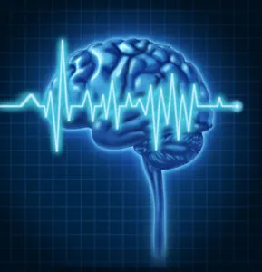 Glowing blue brain illustration with a jagged brainwave line across the center.